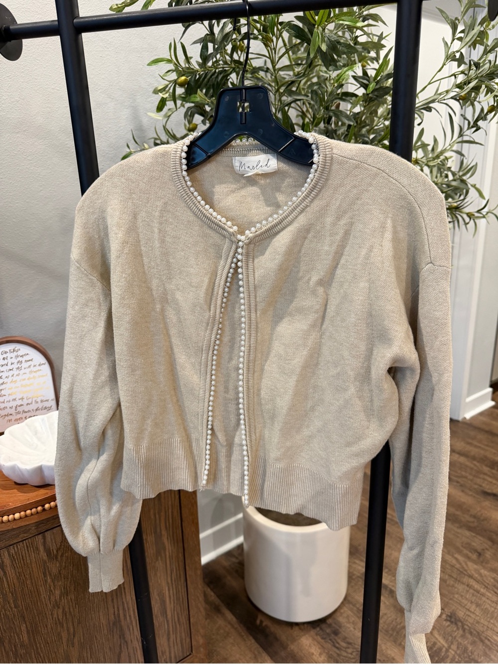 Marled Beige Pearl-Trim Knit Cardigan